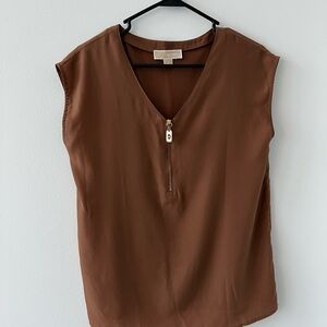 Michael Kors Brown Cap Sleeve Blouse with V-Neck